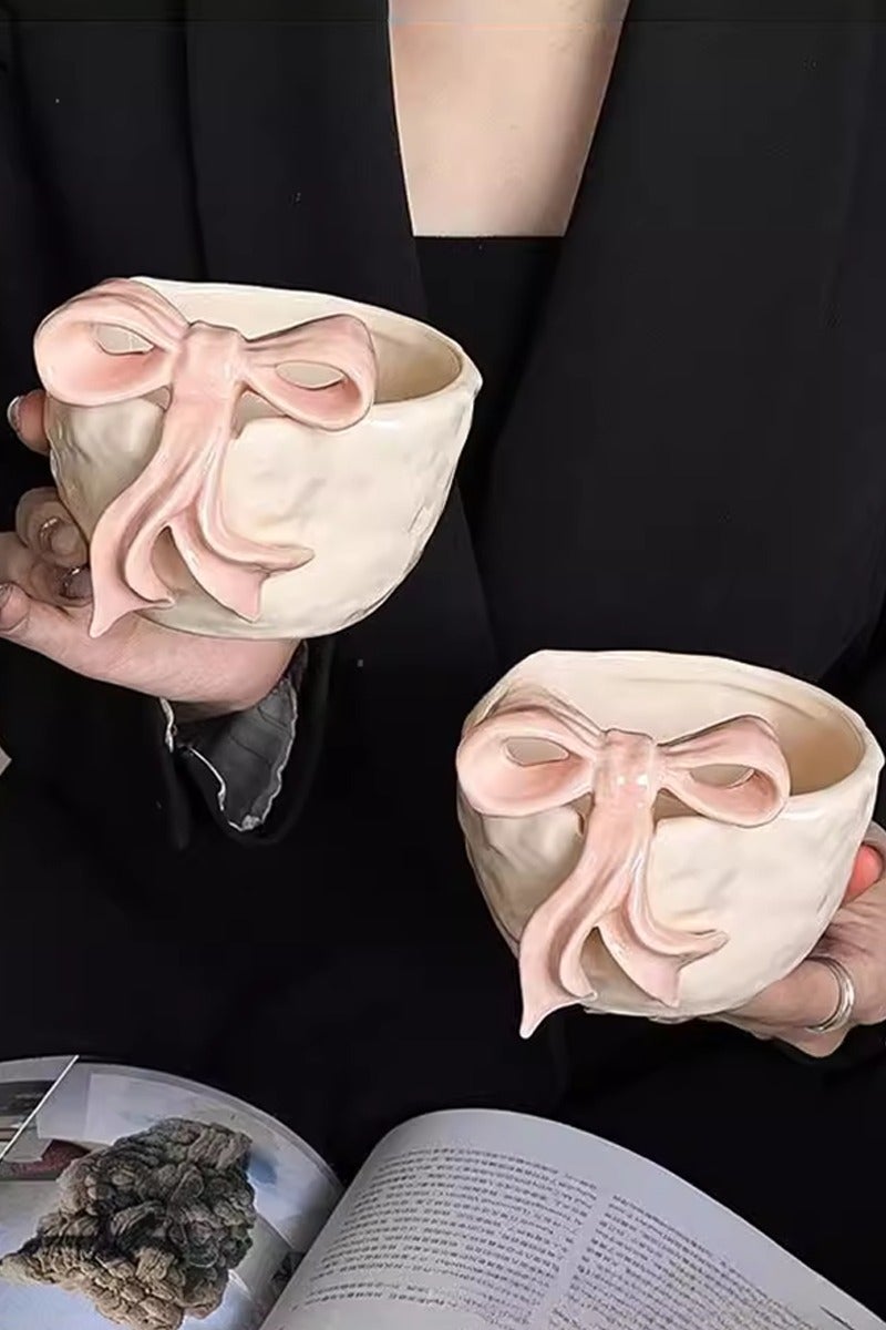 Haidue Pink Irregular Bow Ceramic Coffee Cup | Girl Heart Ins-style Embossed Design | Delicate Nordic Luxury | Elegant Breakfast/Afternoon Tea Mug | Unique Gift Choice - Image 1
