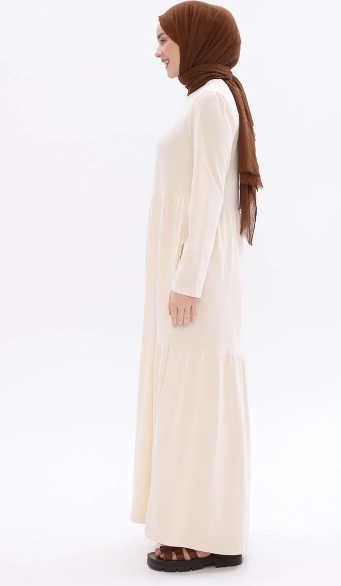 Allday Bone-Cotton Frilled Pocket Combed Cotton Dress