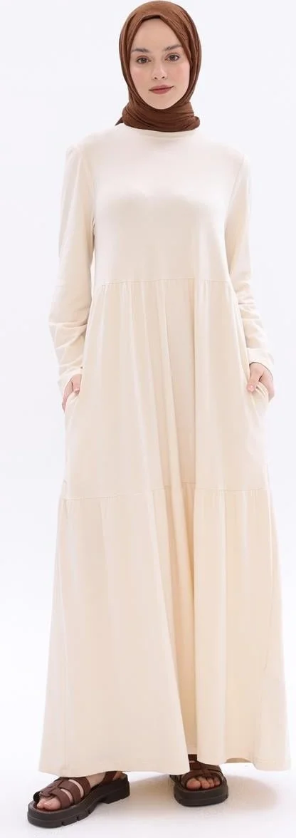 Allday Bone-Cotton Frilled Pocket Combed Cotton Dress
