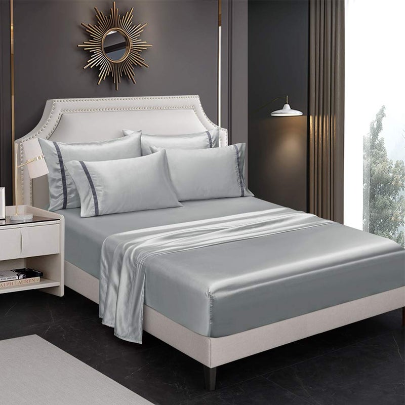 RevenRella 6 Piece Satin Sheet Set European Style Bedding Sets Deep Pocket 1800 Rich Silk Velet Ribbon Super Soft 4 Pillowcases Wrinkle Fade Resistant Esay Care Machine Wash (Light Grey,King) - Image 1