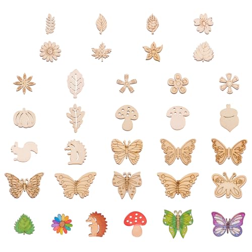 EEE ELECRELIVE Elecrelive 300pcs Assorted Unfinished Wooden Cutouts Flower Leaf Butterfly Small Blank Wood Slice Pieces Ornaments Hanging Embellishments for DIY Art Crafts Projects Decoration - Image 1
