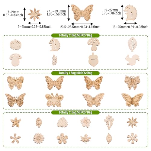 EEE ELECRELIVE Elecrelive 300pcs Assorted Unfinished Wooden Cutouts Flower Leaf Butterfly Small Blank Wood Slice Pieces Ornaments Hanging Embellishments for DIY Art Crafts Projects Decoration - Image 5