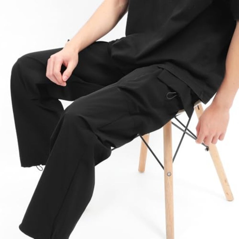 Unisex Drawstring Cargo Pants Lightweight Nylon Material Loose Fit Joggers for Outdoors and Casual Wear Versatile Black Hiking Trousers with Timeless Fashionable Style - Image 2