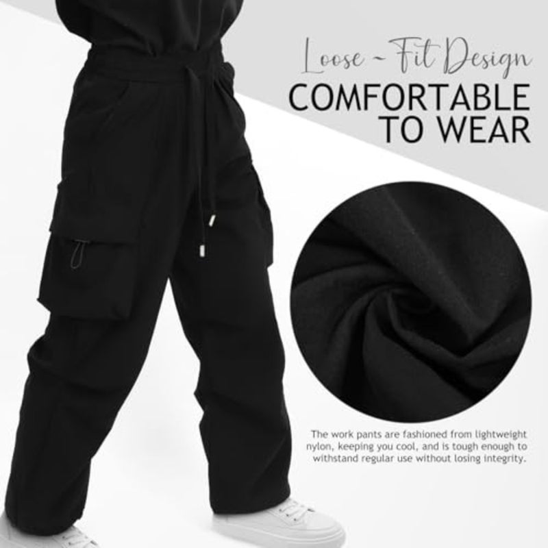 Unisex Drawstring Cargo Pants Lightweight Nylon Material Loose Fit Joggers for Outdoors and Casual Wear Versatile Black Hiking Trousers with Timeless Fashionable Style - Image 5