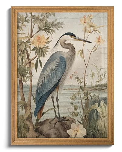 AKWISH Framed William Morris Heron Wall Art Vintage 3D Textured Botanical Wall Decor Hand Drawn Sandstone Wildlife Picture Artwork Modern Farmhouse Decor for Bedroom Living Room 12x16 inch - Image 1