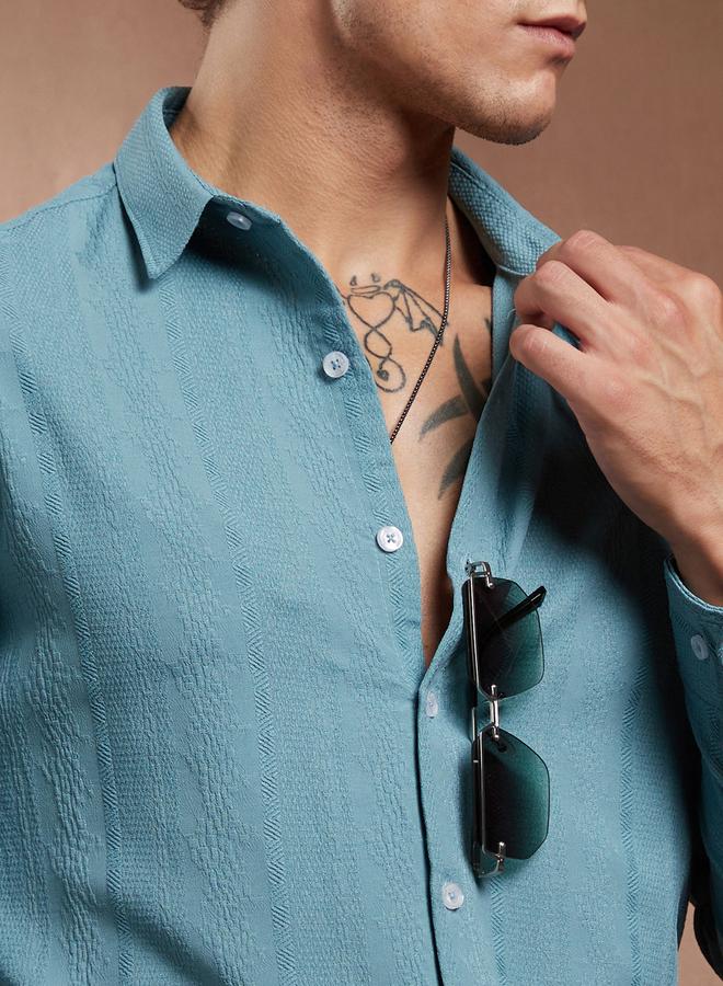 Campus Sutra Men Sky Blue Textured Spread Collar Shirt - Image 5