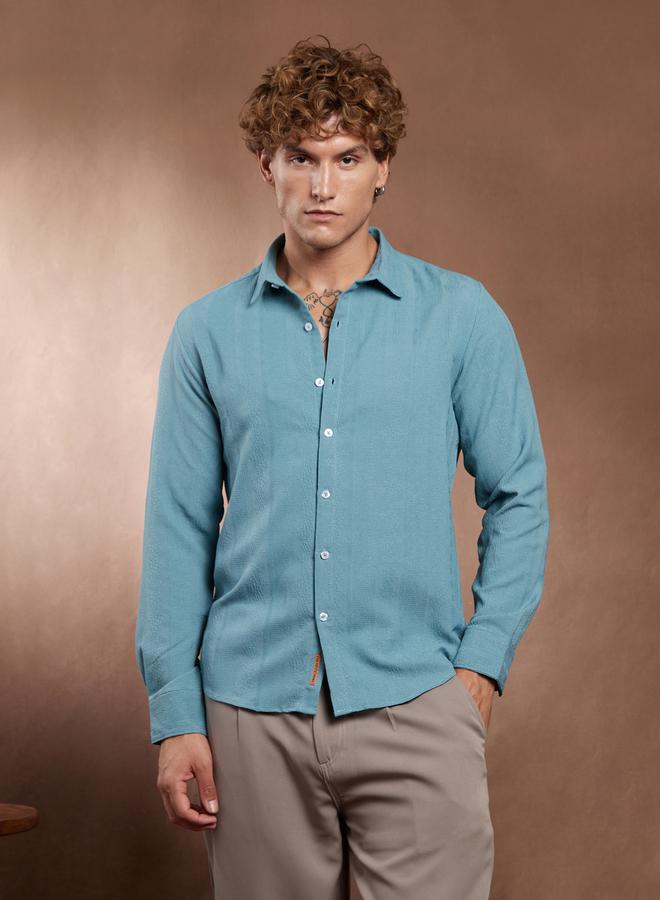 Campus Sutra Men Sky Blue Textured Spread Collar Shirt - Image 1