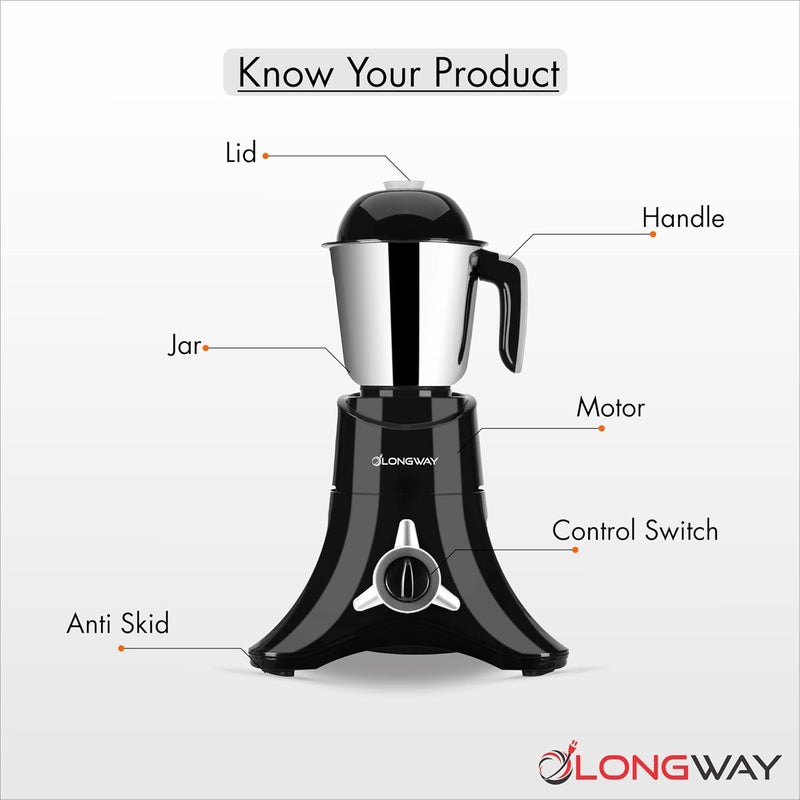 LONGWAY خلاط مطحنة لونغواي أوريون 900 مع 4 أوعية غير قابلة للكسر (محرك قوي مع ضمان لمدة سنة، أسود وفضي) - Image 4