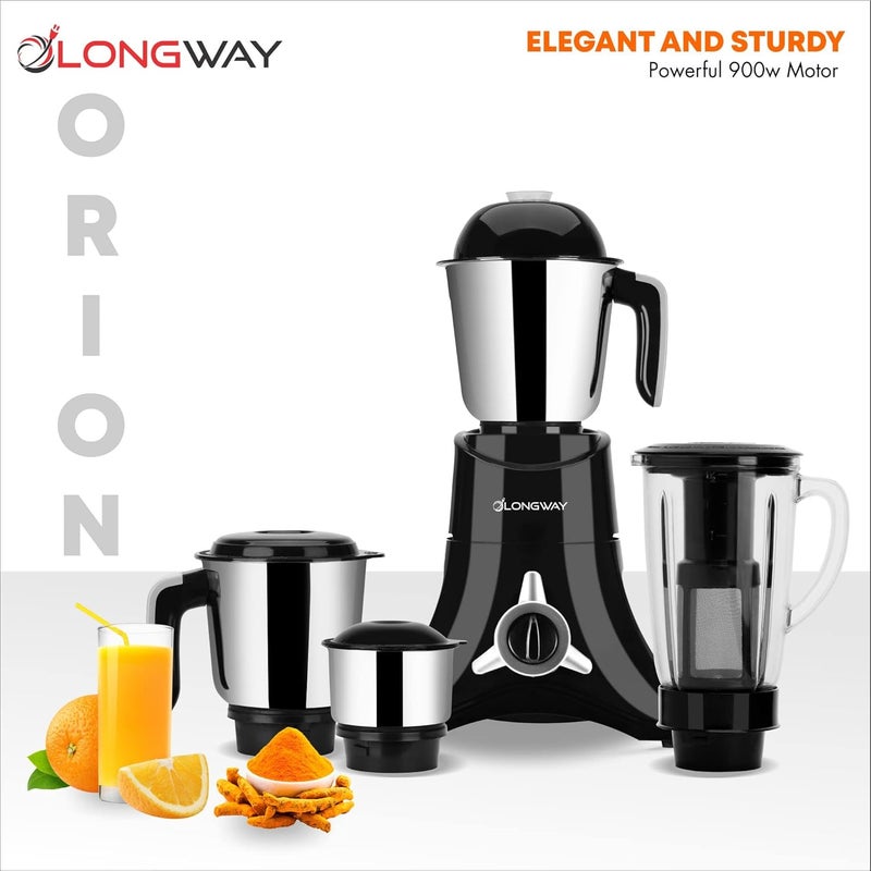 LONGWAY خلاط مطحنة لونغواي أوريون 900 مع 4 أوعية غير قابلة للكسر (محرك قوي مع ضمان لمدة سنة، أسود وفضي) - Image 2