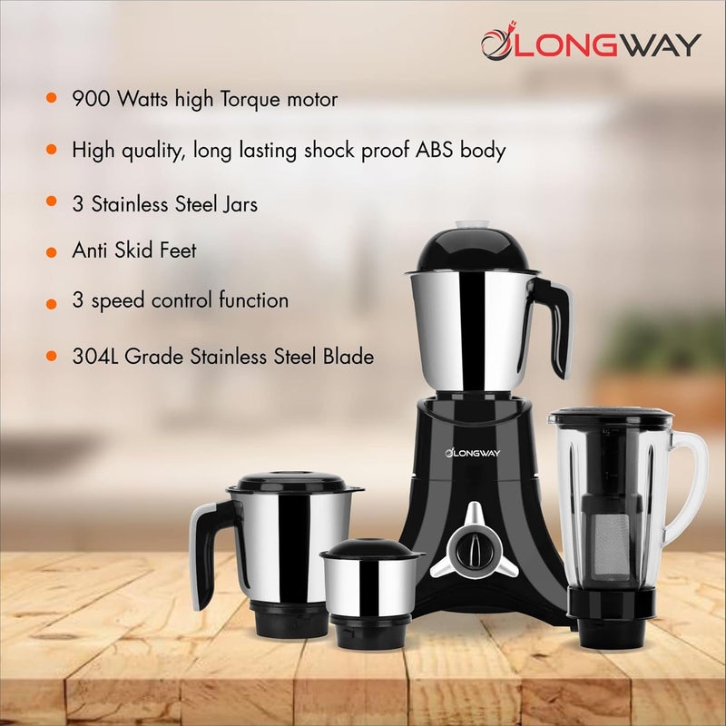LONGWAY خلاط مطحنة لونغواي أوريون 900 مع 4 أوعية غير قابلة للكسر (محرك قوي مع ضمان لمدة سنة، أسود وفضي) - Image 3