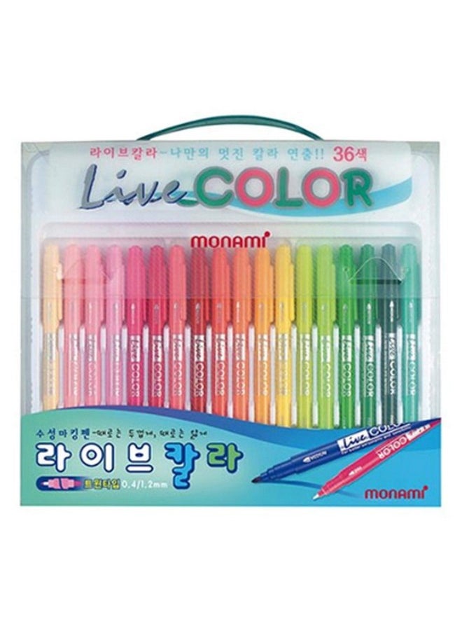 Monami - MONAMI LIVE COLOR Water-Based Twin Marker, Fine & Bullet Dual Tip Marker for Coloring/Drawing/Lettering/Decorating/Writing on notebooks and planners, Color Body Design 36-Pack - Image 1