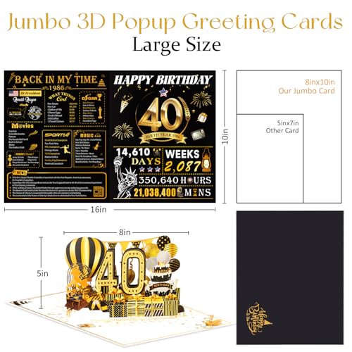 OLOSONG 40th Birthday Cards for Women Men, 3D Pop Up 40th Birthday Gift Ideas for Mom Dad, Funny 40 Year Old Birthday Decorations for Husband Wife Parents Him Her, Jumbo Back In 1986 - Image 3