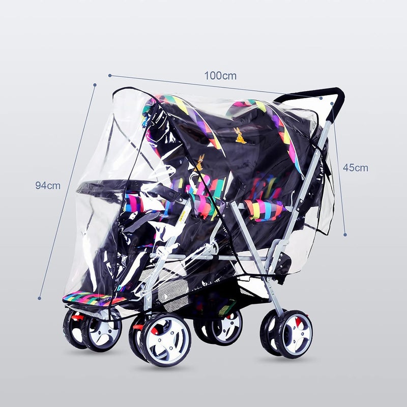 ITODA Twins Baby Pushchair Rain Cover Universal Sit Tandem Stroller Waterproof Rainy Weather Guard Outdoor Double Carriage Wind Dust Snow Protection Breathable Shield Transparent Accessories - Image 2