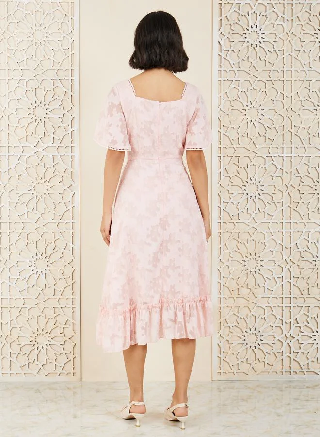 Styli Burnout Texture Ruffle Hem A-Line Midi Dress