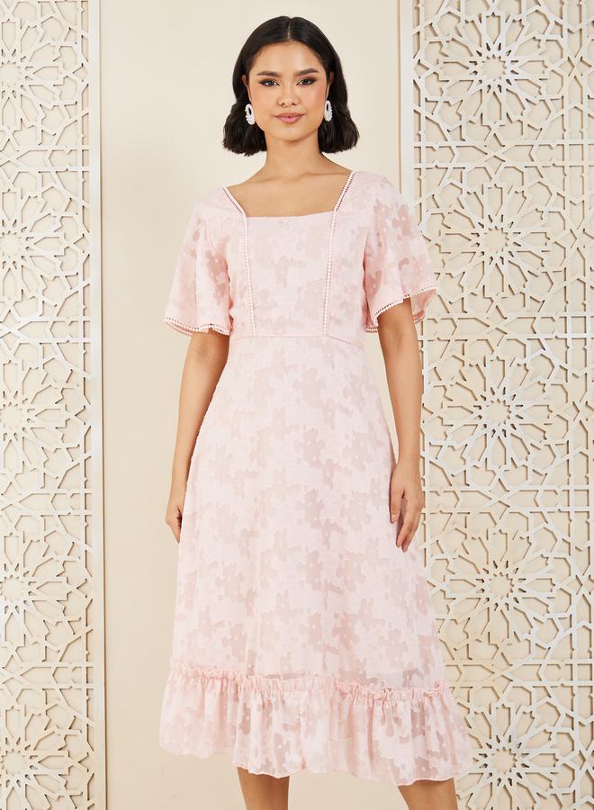 Styli Burnout Texture Ruffle Hem A-Line Midi Dress  - Image 2