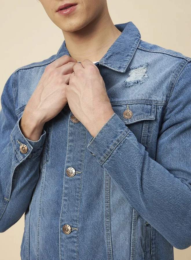 HIGH STAR Men Blue Solid Ripped Denim Jacket