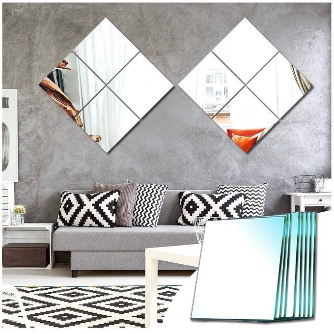 8 PIECES SELF ADHESIVE MIRROR TILES HD GLASS 205X205CM STICK ON MIRROR WALL DECORATION SQUARE WALL MIRRORS FOR LIVING ROOM BEDROOM HALLWAY
