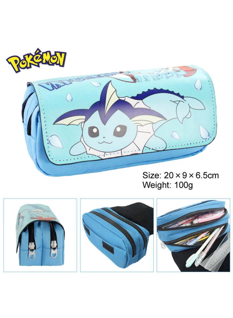 Loquat Large Capacity Cartoon Pokemon Print Pencil Case Double Canvas Zipper Pencil Bag Light Blue-C - Image 3