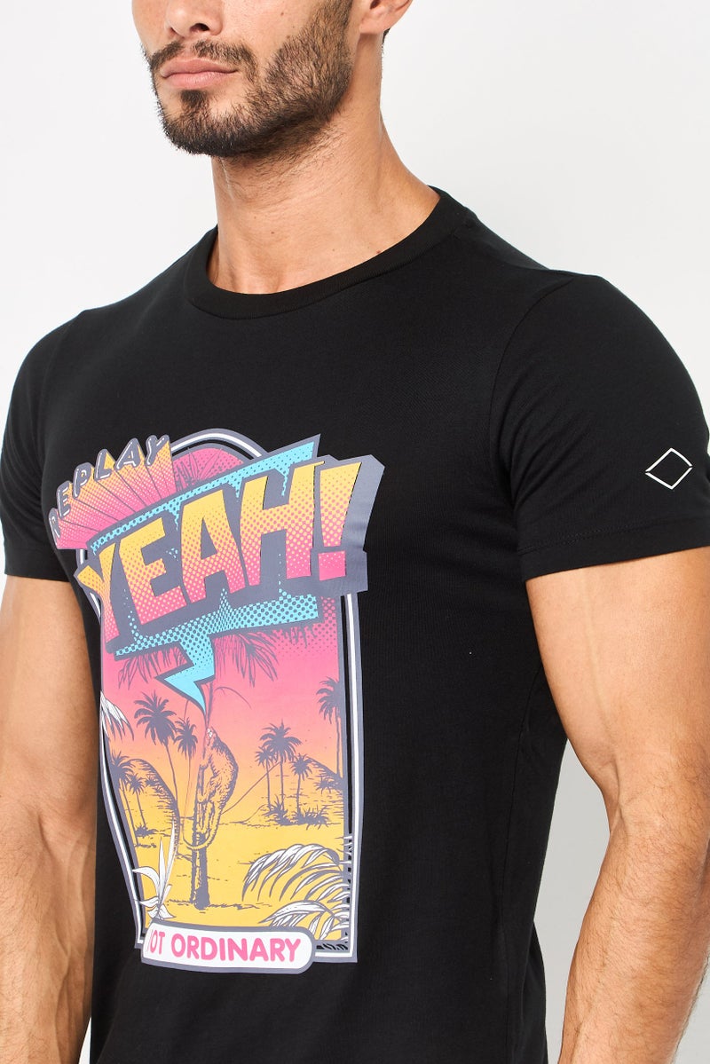 Replay تي شيرت رجالي بأكمام قصيرة وياقة دائرية بطباعة جرافيك، أسود - Image 3