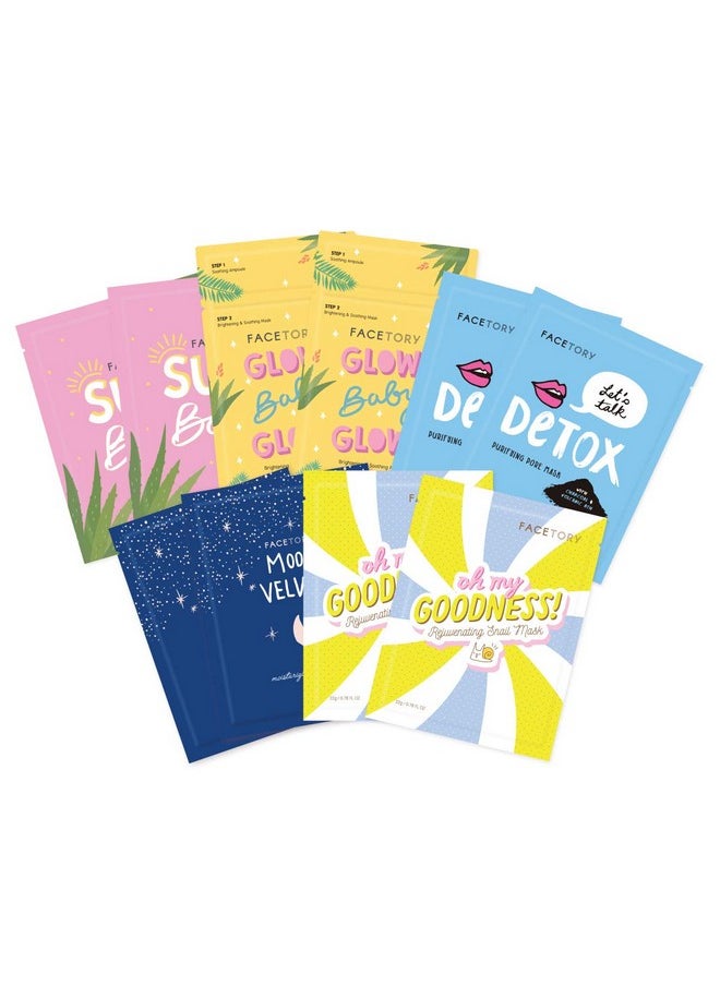 FACETORY Collection Facial Mask Set Hydrating Purifying Soothing Moisturizing And Revitalizing Soft Formfitting Face Masks For All Skin Types Pack Of 10 Sheet Masks  - Image 1