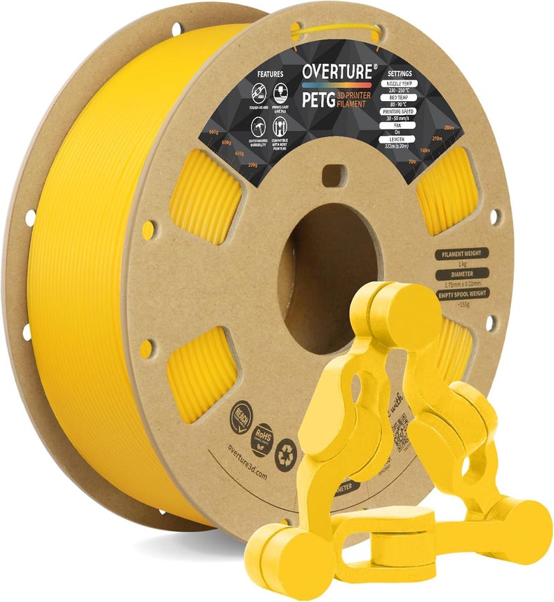 OVERTURE PETG 3D Printer Filament 1.75mm, Neatly Wound Durable PETG 1kg Spool (2.2lbs), Strong Toughness Filament, Dimensional Accuracy +/- 0.02mm, Fit Most FDM Printers (Yellow) - Image 1