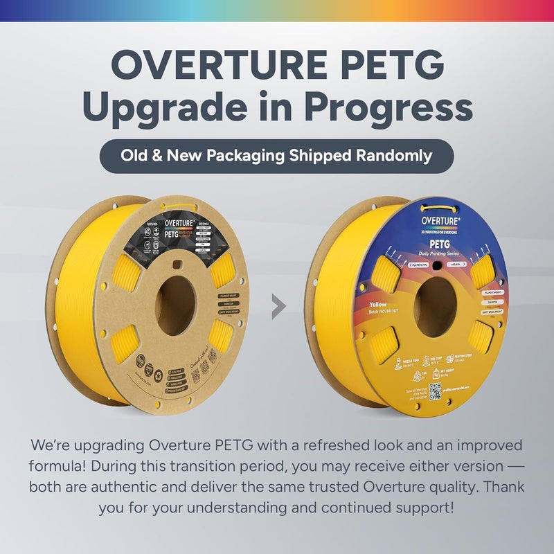 OVERTURE PETG 3D Printer Filament 1.75mm, Neatly Wound Durable PETG 1kg Spool (2.2lbs), Strong Toughness Filament, Dimensional Accuracy +/- 0.02mm, Fit Most FDM Printers (Yellow) - Image 2