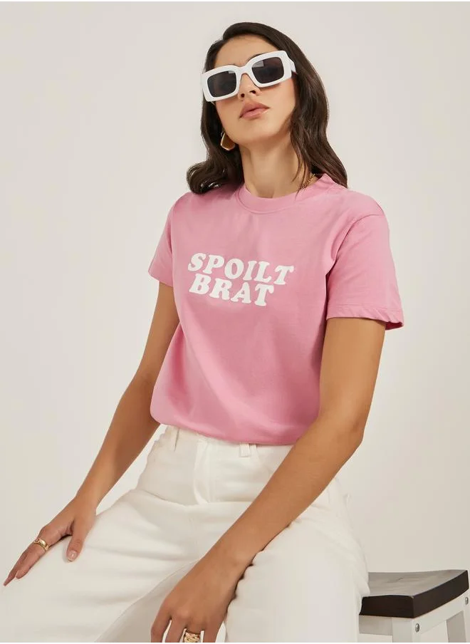 Styli Styli Slogan Print Round Neck Short Sleeve T-Shirt