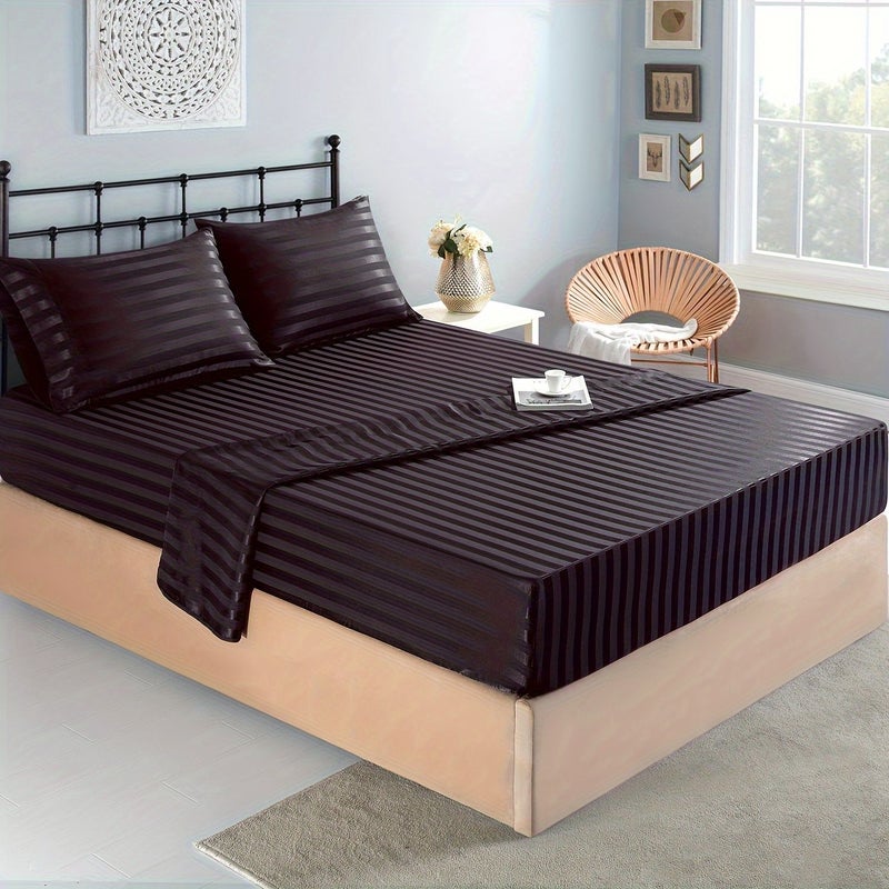 Dark Gray Striped Twin Satin Sheet Set 3 Piece Soft Smooth Fade Resistant - Image 2