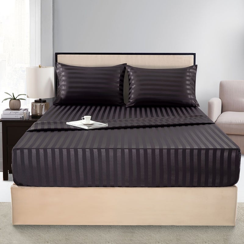 Dark Gray Striped Twin Satin Sheet Set 3 Piece Soft Smooth Fade Resistant - Image 1