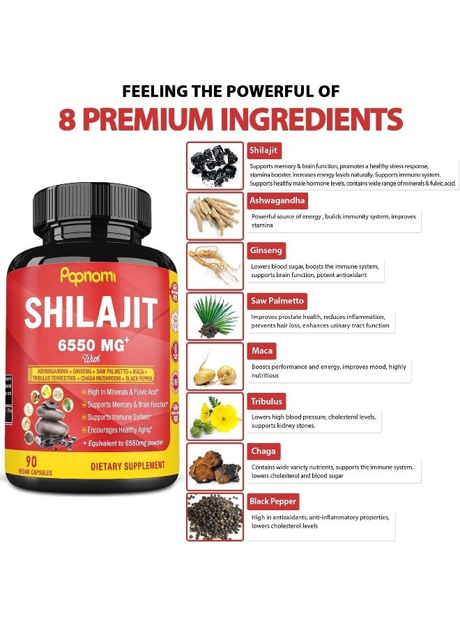 Papnami Shilajit Extract Capsules equivalent to 6550mg & Ashwagandha, Ginseng, Saw Palmetto, Maca, Tribulus, Chaga, Pepper | Trace Minerals Fulvic Acid | Immune Support, Brain Boost Supplement, 3 Months Supply - Image 4