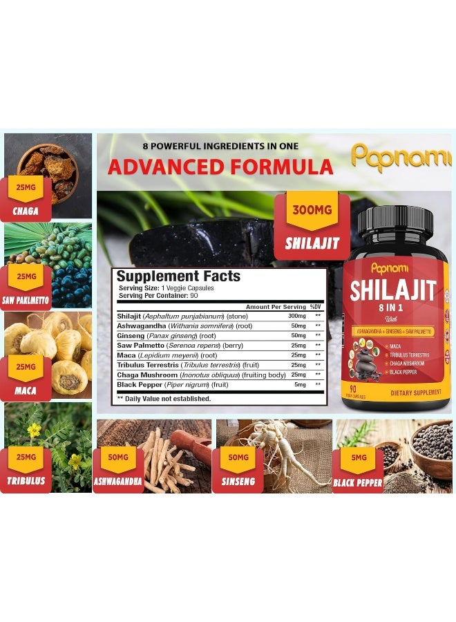 Papnami Shilajit Extract Capsules equivalent to 6550mg & Ashwagandha, Ginseng, Saw Palmetto, Maca, Tribulus, Chaga, Pepper | Trace Minerals Fulvic Acid | Immune Support, Brain Boost Supplement, 3 Months Supply - Image 2