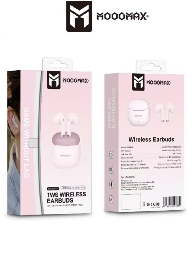 MOOGMAX - Moogmax MX-EP47 A TWS wireless Earbuds with built-in a clear microphone and powerful HAFI clear sound, game without lag, Bluetooth 5.4V and ergonomic elegant design. in Pink color - Image 1