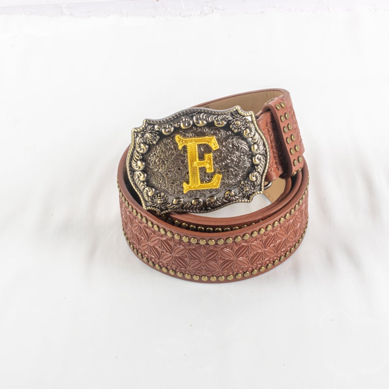 حزام وسط جلد بني للجنسين حرف E