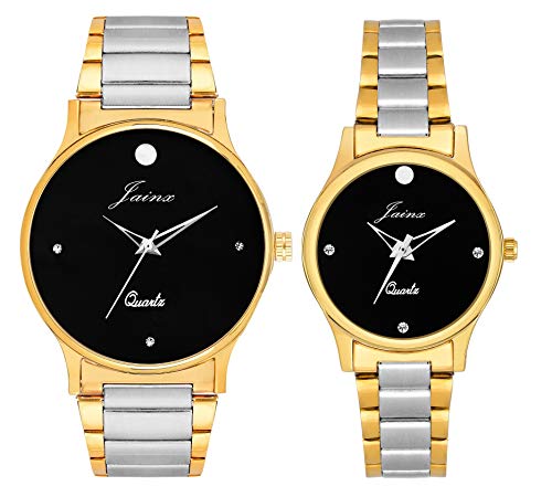 jainx Black Dial Premium Steel Chain Gifts Set Analog Wrist Watch for Couple - JC444 - Image 1