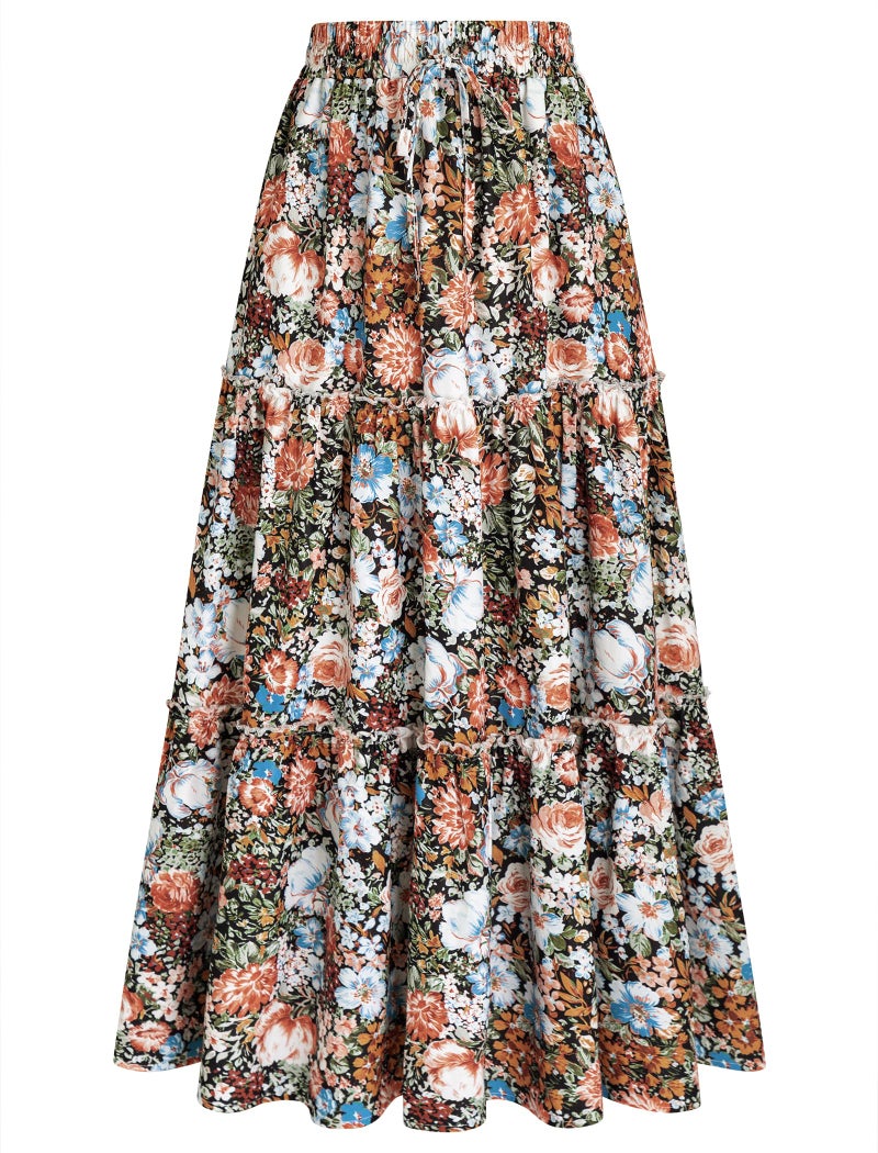 Arolina Long Skirts for Women Pleated Ruffle Tiered Maxi Skirts Flowy Floral Flared A-Line Boho Skirt for Beach Vacation - Image 1