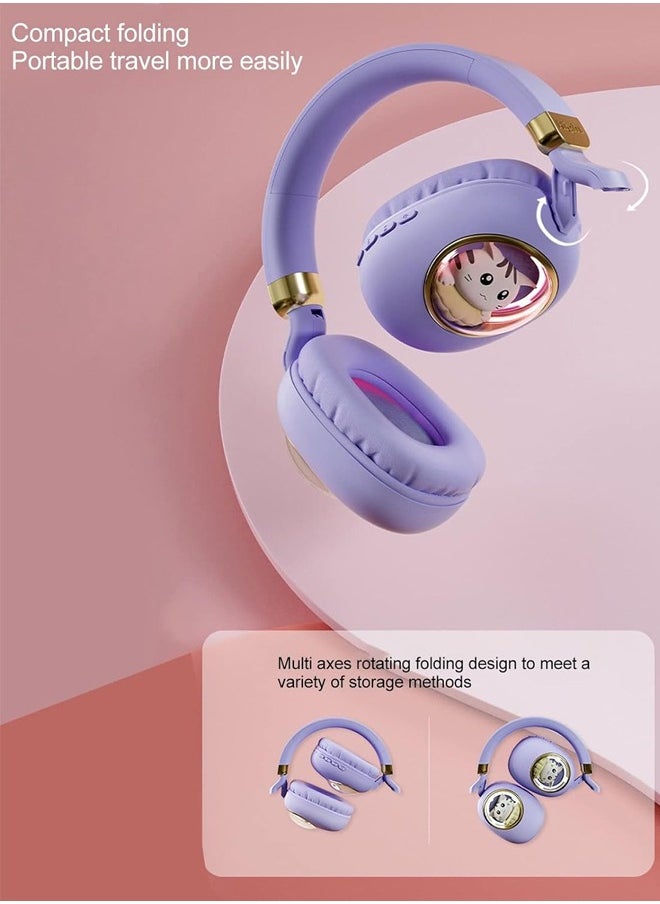 MIQIA Kids Wireless Bluetooth Headphones Light Up Cat Over-Ear Kids Noise Cancelling Headphones with Microphone with Both Bluetooth and Cable for Cellphone and PC Purple  - Image 4