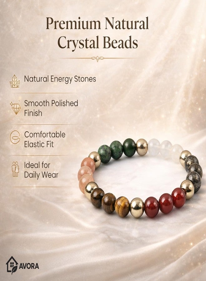 AVORA Dhan Vriddhi Bracelet for Men & Women | Pyrite, Jade, Sunstone, Quartz, Red Carnelian & Tiger Eye Beaded Crystal Bracelet for Prosperity, Growth & Spiritual Jewellery - Image 4