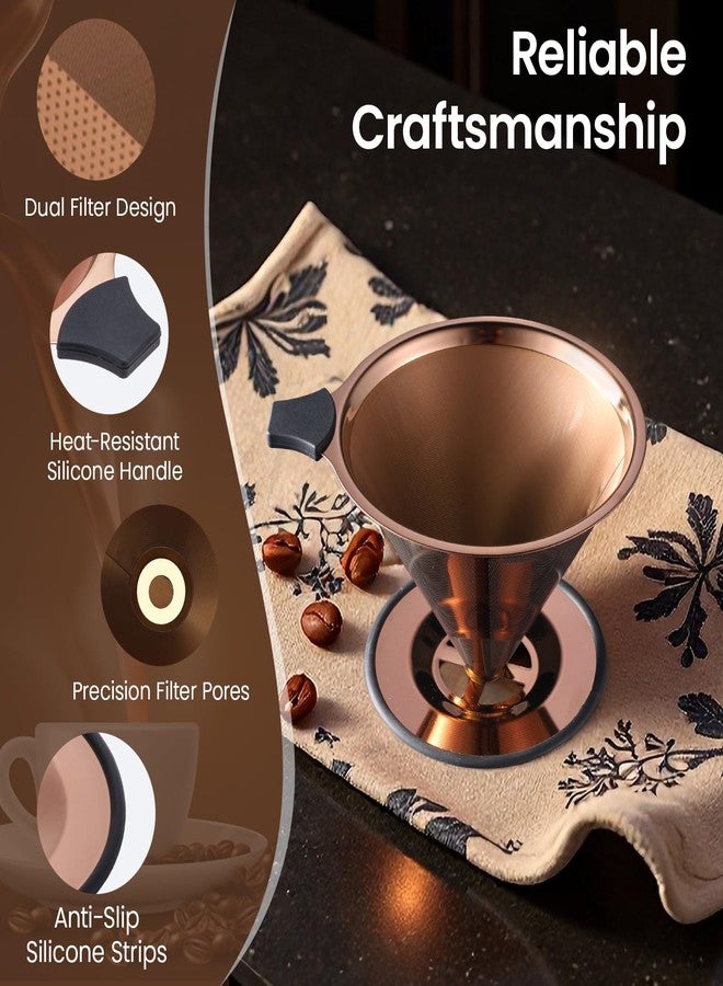 INSINTAR 【2.0 Upgraded】Pour Over Coffee Dripper, Stainless Steel Drip Cone Brewer, Reusable Metal Coffee Strainer with Non-Slip Ring & Handle, Paperless Pour Over Coffee Maker (2.0 Titanium Copper) - Image 5