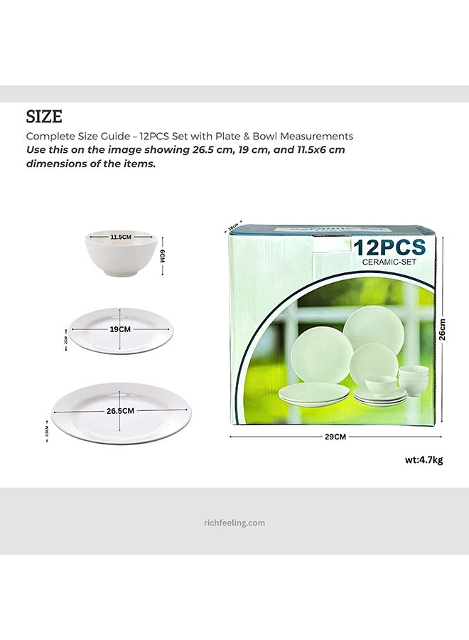Feelings Ceramic Dinner Set 12PCS, White , 26.5 CM Dinner Plates, 19 CM Side Plates, 11.5 CM Bowls  - Image 2