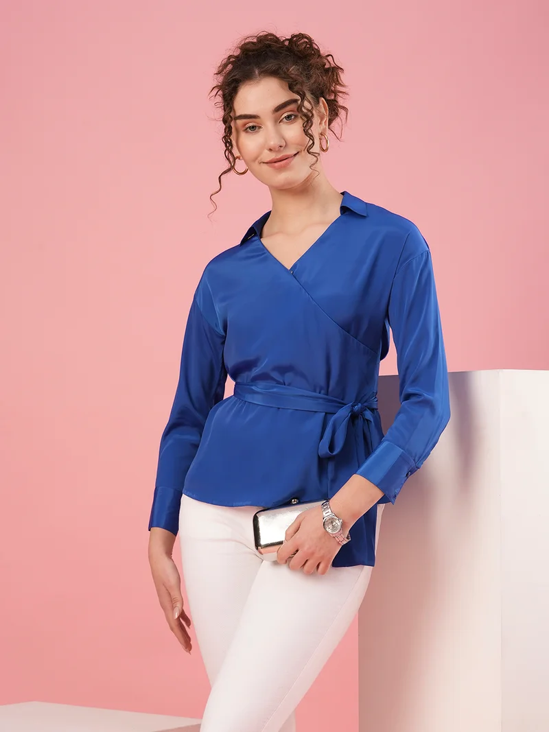 globus Women Blue Cuffed Sleeves Crepe Wrap Top