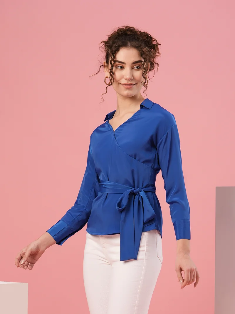 globus Women Blue Cuffed Sleeves Crepe Wrap Top