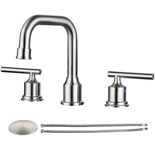 WOWOW 2 Handles 8 inch Widespread High Arc Bathroom Faucet Brushed Nickel Lavatory Faucet 3 Hole 360°Swivel Spout Modern Sink Basin Faucets - Image 1