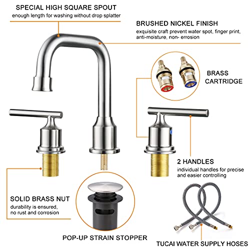WOWOW 2 Handles 8 inch Widespread High Arc Bathroom Faucet Brushed Nickel Lavatory Faucet 3 Hole 360°Swivel Spout Modern Sink Basin Faucets - Image 4