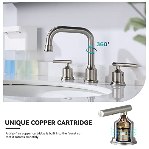 WOWOW 2 Handles 8 inch Widespread High Arc Bathroom Faucet Brushed Nickel Lavatory Faucet 3 Hole 360°Swivel Spout Modern Sink Basin Faucets - Image 3