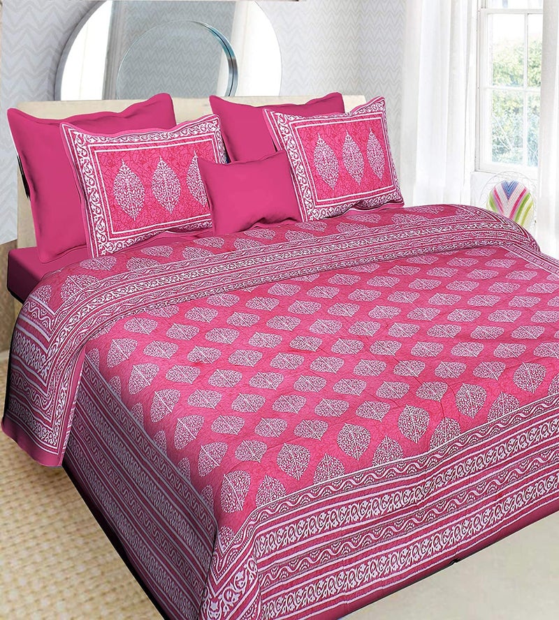 Ealth Kart Premium 100% Cotton Rajasthani Jaipuri Traditional King Size Double Bedsheet with 2 Pillow Covers (Pink) - Image 1