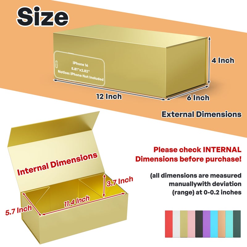 RYDDOY Gold Gift Box, 12x6x4'' Gift boxes for Presents with Lids Magnetic Closure Rectangle Collapsible for Bridesmaid Proposal Box, Wedding, Christmas, Halloween, Birthday Gift Packging - Image 2