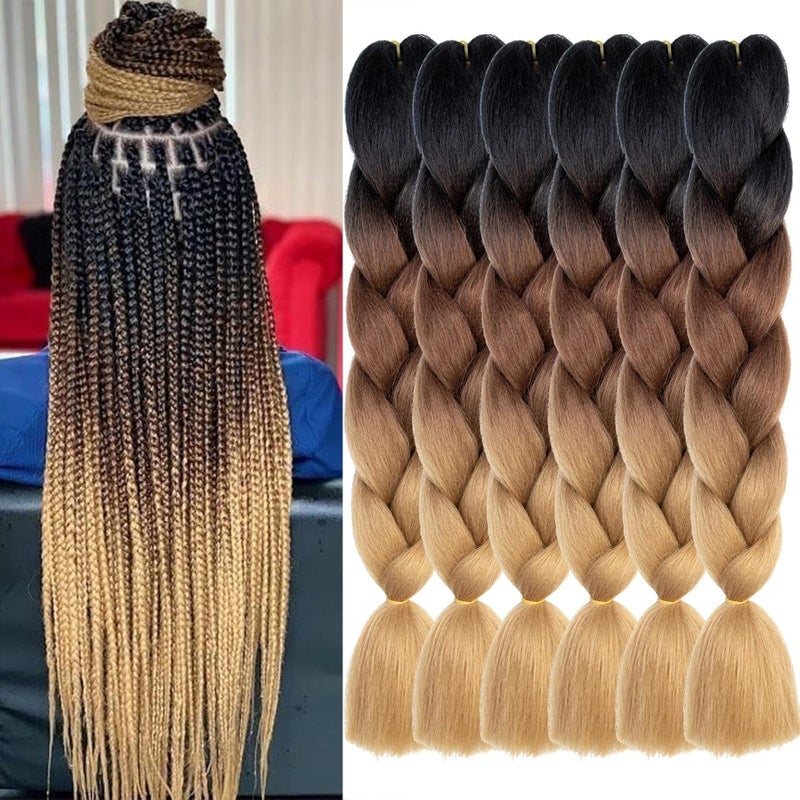 Xtrend 6 Pcs Ombre Jumbo Braiding Hair Extension 24 Inch 3 Tone Jumbo Box Braiding Hair Jumbo Braid Synthetic Hair for Braiding 100gpc 6 PiecesBlackDark BrownLight Brown