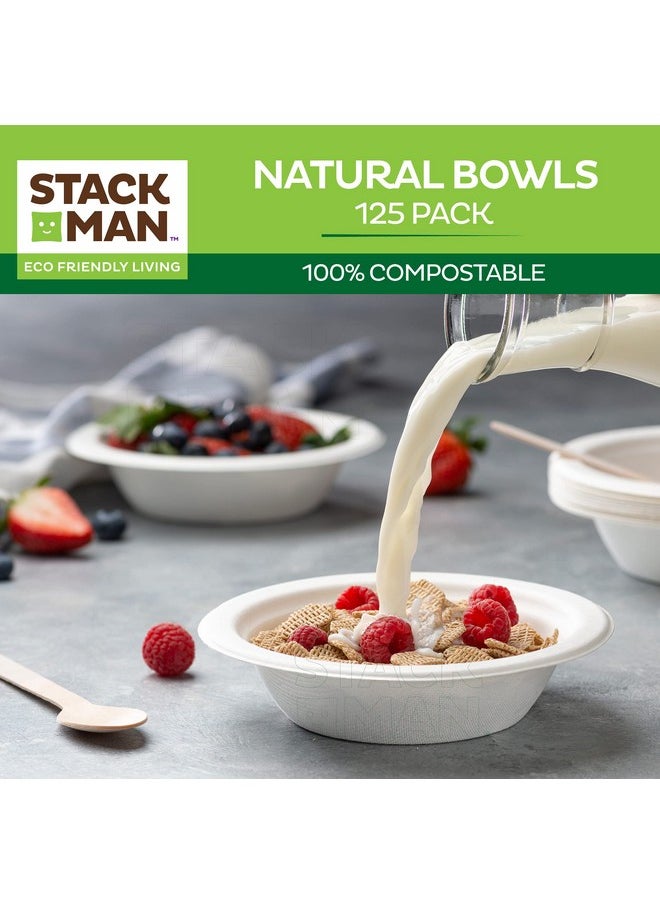 Stack Man - Ostable Disposable Paper Bowls [125Pack] {Pfasfree} {Bpi Certified} [12 Oz] Heavy Duty Ecofriendly Biodegradable Bagasse Hot Soup Bowls Thick White 12Oz Bowl Plates By Stack Man - Image 1