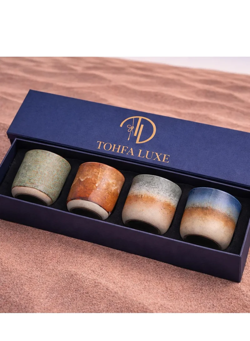 Tohfa Luxe Tohfa Luxe Safa Ceramic Cup Gift Set of 4 – Handcrafted Earthy Tones Arabic Coffee & Espresso Cups – Ramadan Gift Box Set – 220 ml