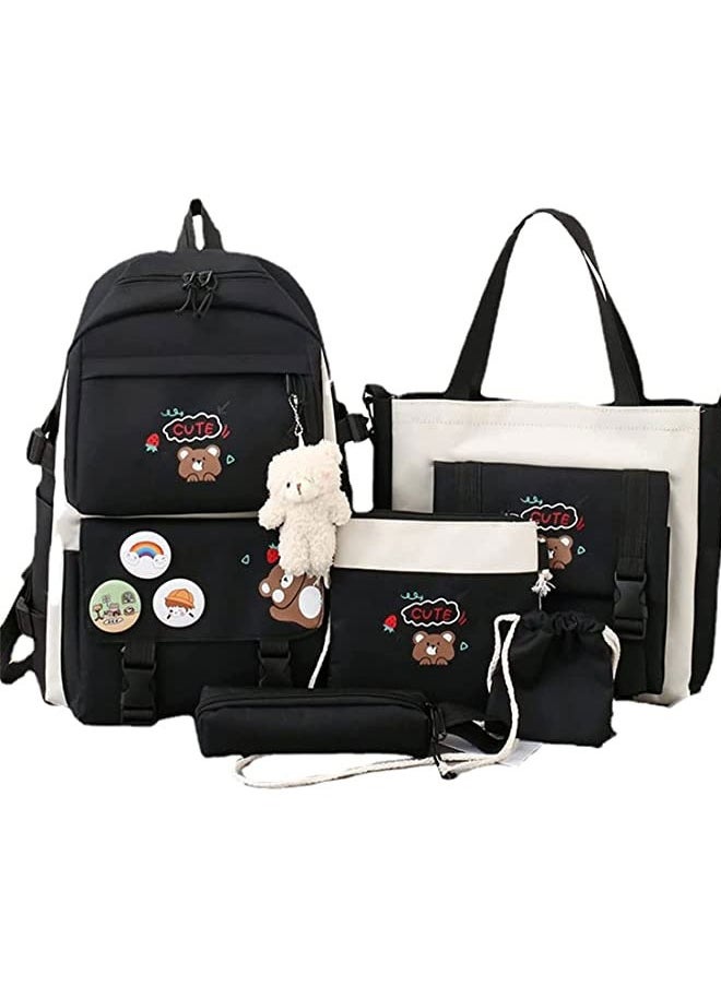 Generic - 5 Pcs adult Backpack School Bags Set Backpacks with Pendant Lunch Bag Pencil Case Handbag Coin Purse for Teen Girls School Backpack（Black） - Image 1
